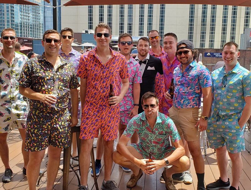 Bachelor party in dude rompers